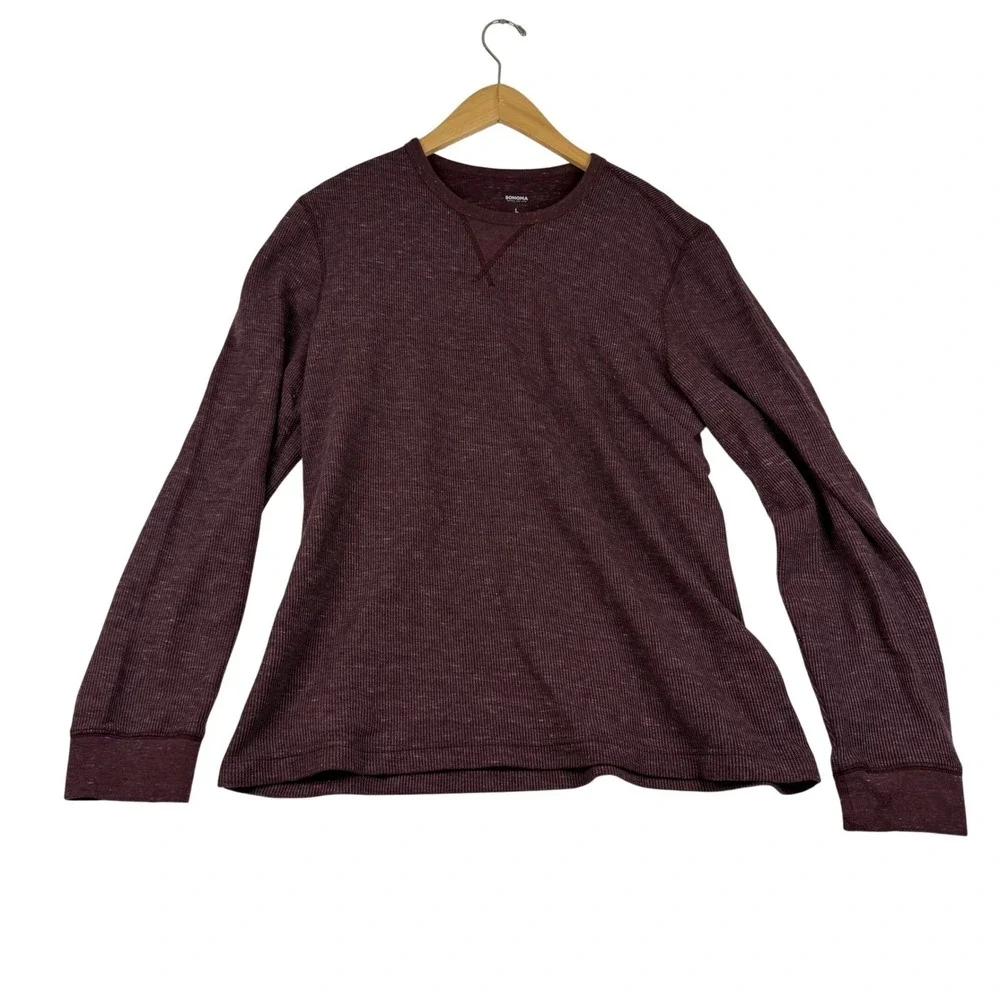 Sonoma Mens Thermal Shirt Large Burgundy Waffle Knit Long Sleeve Crew Neck L
